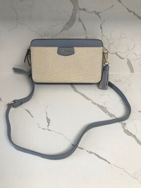 Nine West Crossbody Blue Leather & Beige Woven Canvas Fabric & Leather Tassel